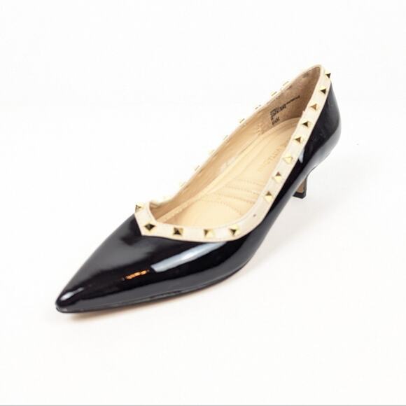 Adrienne Vittadini Seema Black Patent Leather Gold Stud Kitten Heels Size 6.5 - Picture 1 of 10